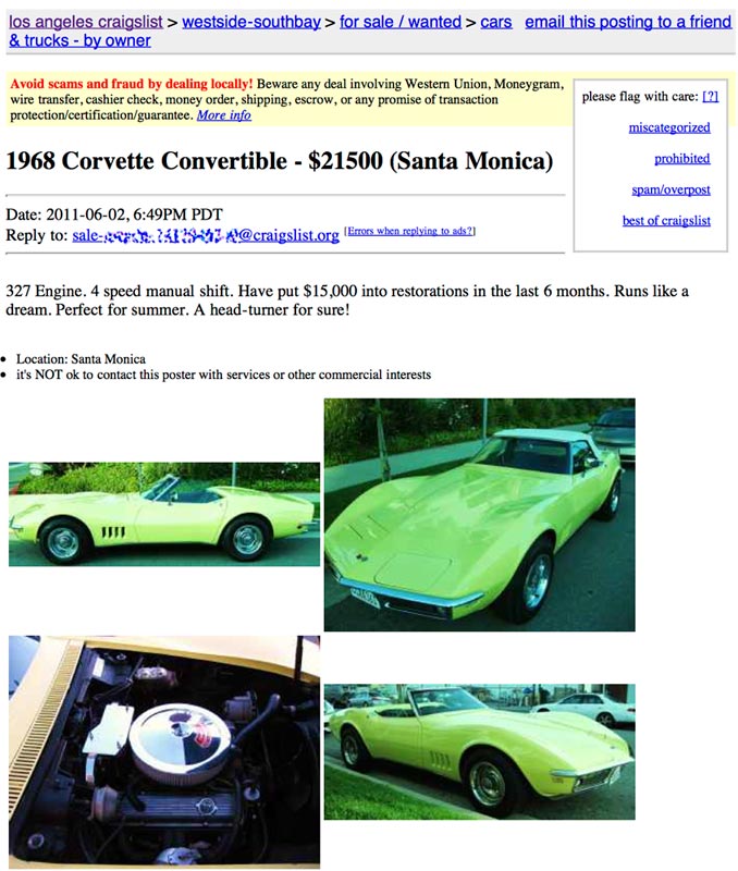 1968 Corvette Craigs List ad