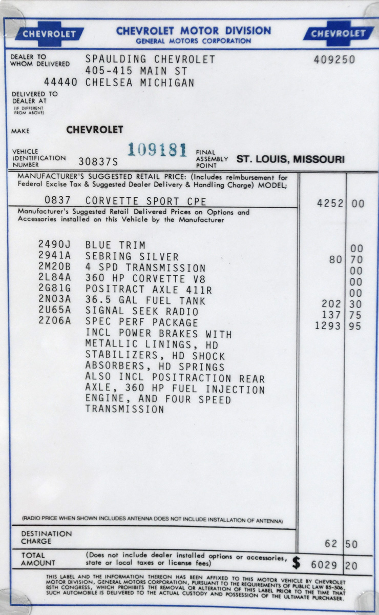 1963 Corvette Z06 Window Sticker