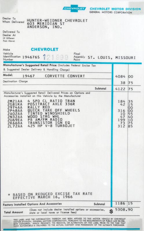 1966 Chevrolet Corvette Window Sticker