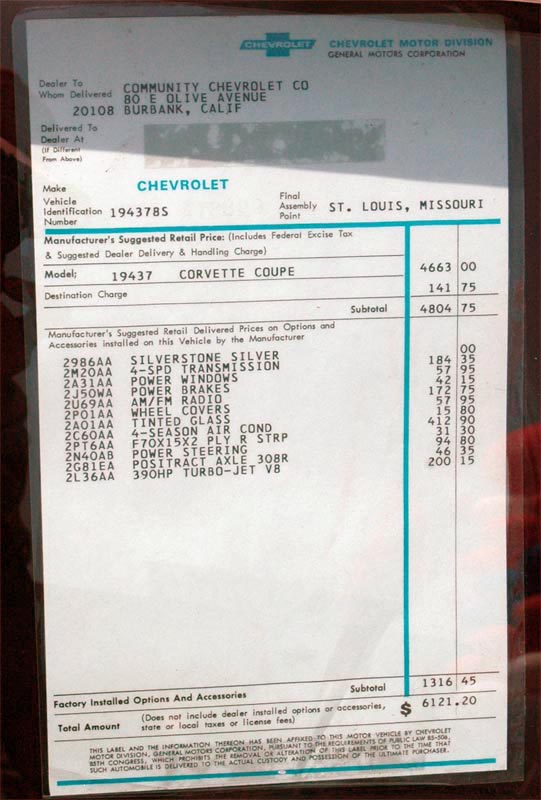 1968 Chevrolet Corvette Window Sticker