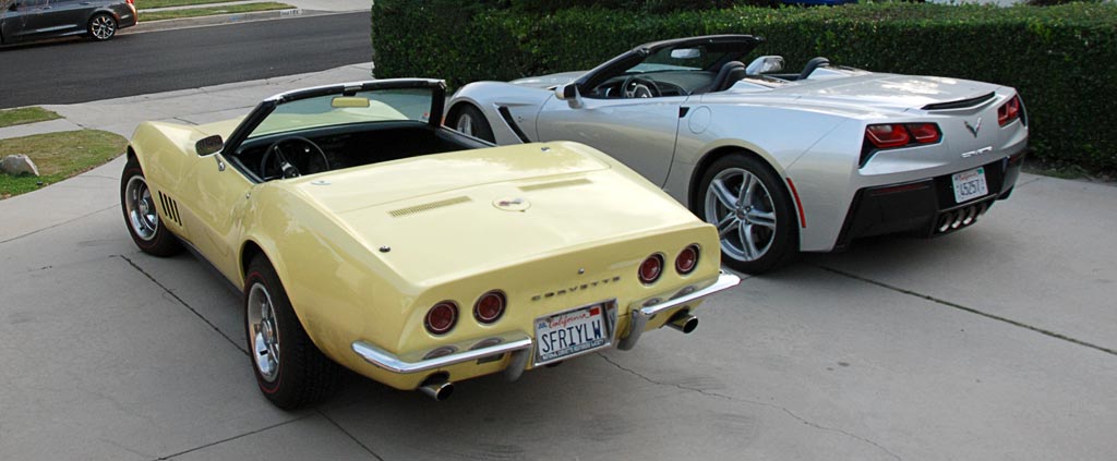 1968 Corvette C3 in Safari Yellow with 2016 Corvette C7 in Blade Silver Metallic