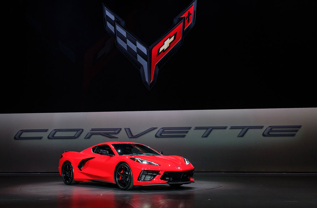 General Motors President Mark Reuss drives the 2020 Chevrolet Corvette Stingray onto the stage during its unveiling Thursday, July 18, 2019 in Tustin, California.