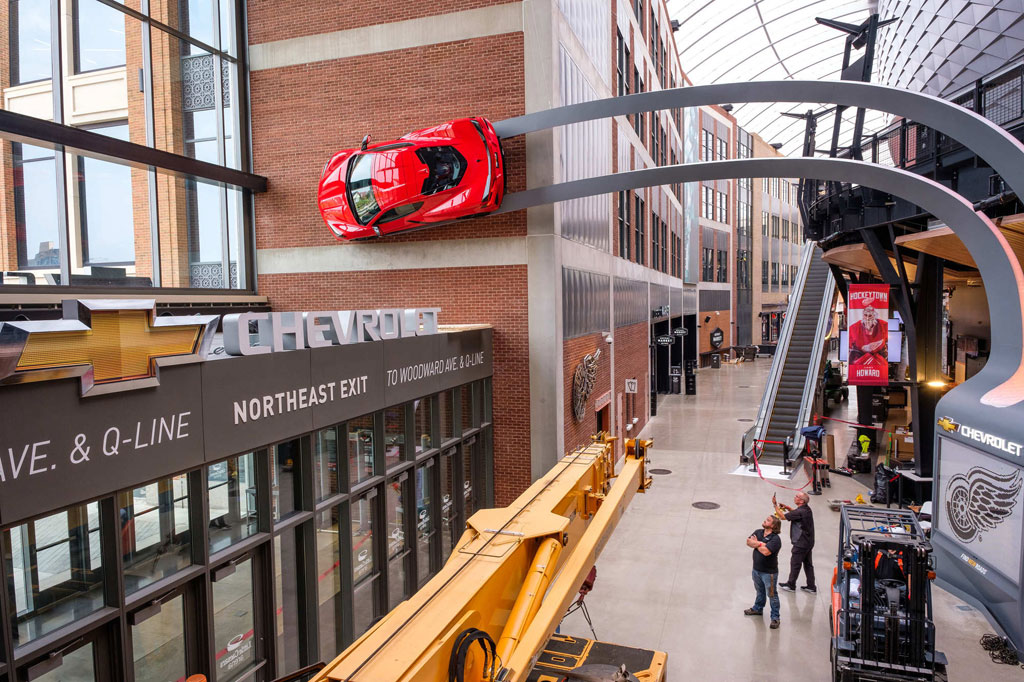 A next generation 2020 Corvette Stingray takes its place mounted on a wall above the Chevrolet portal Tuesday, September 10, 2019 at Little Caesar's Arena in Detroit, Michigan. Chevrolet is the official vehicle of Little Caesar's Arena - home of the Detroit Red Wings and Detroit Pistons.