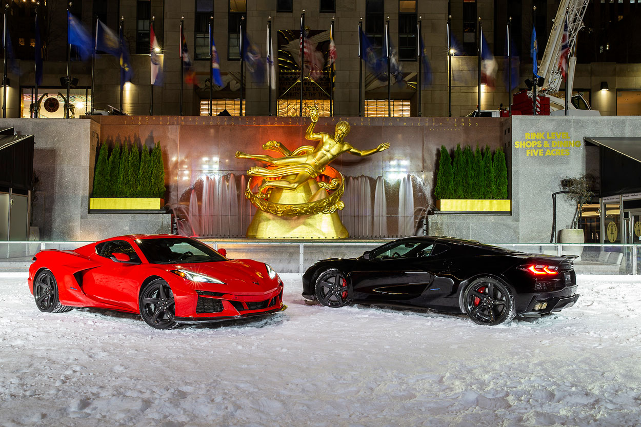 2024 Corvette E-Ray performing maneuvers on The Rink at Rockefeller Center in New York City
