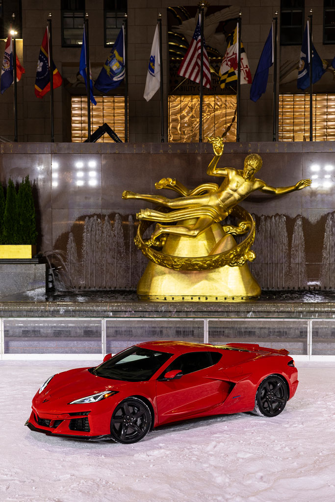 2024 Corvette E-Ray performing maneuvers on The Rink at Rockefeller Center in New York City