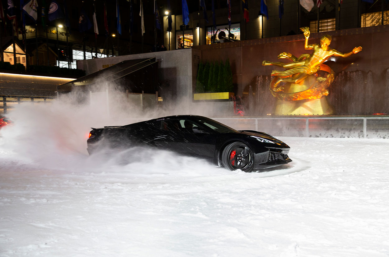 2024 Corvette E-Ray in Black performing maneuvers on The Rink at Rockefeller Center in New York City