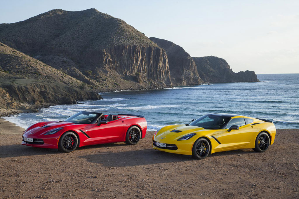 Corvette C7 Convertible in Torch Red; Coupe in Velocity Yellow
